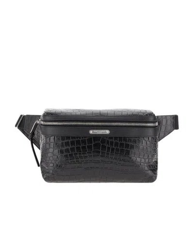 Saint Laurent Embossed Crocodile Effect Belt Bag In Black
