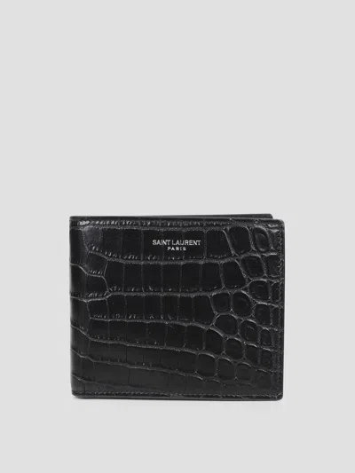 Saint Laurent Embossed East/west Bi-fold Leather Wallet In Brown