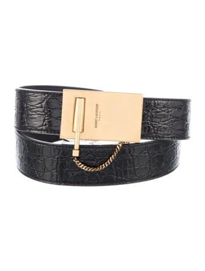 Pre-owned Saint Laurent Embossed Leather Belt W/ Tags In Black