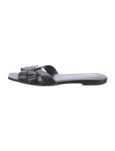 Pre-owned Saint Laurent Embossed Leather Cutout Accent Slides In Black