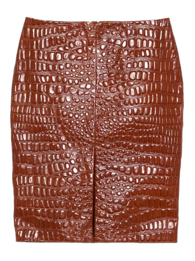 Saint Laurent Embossed-leather Short Skirt In Brown