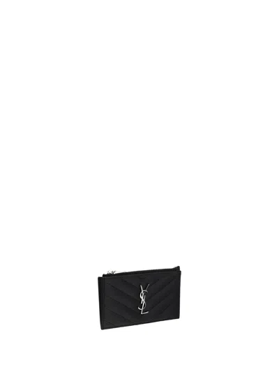 Saint Laurent Embossed Logo Calf Leather Cardholder In Black