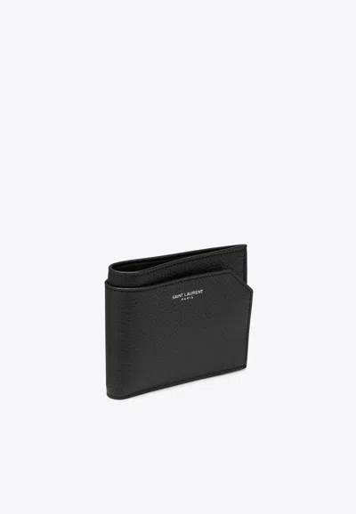 Saint Laurent Embossed Logo Grained Leather Bi-fold Wallet In Black