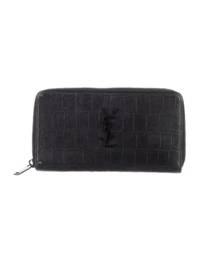 Pre-owned Saint Laurent Embossed Zip Wallet Leather Continental Wallet In Black
