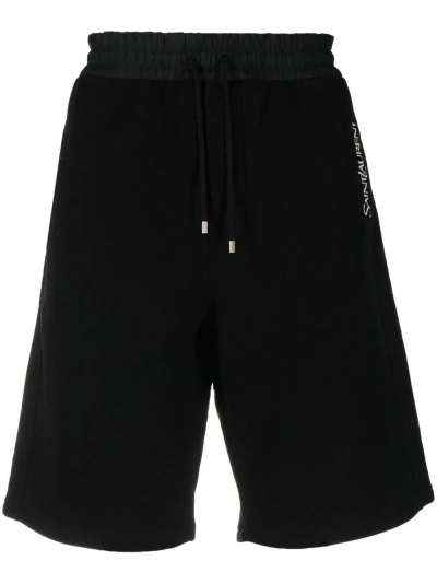 Saint Laurent Embroidered Bermuda Shorts With Logo In Nero