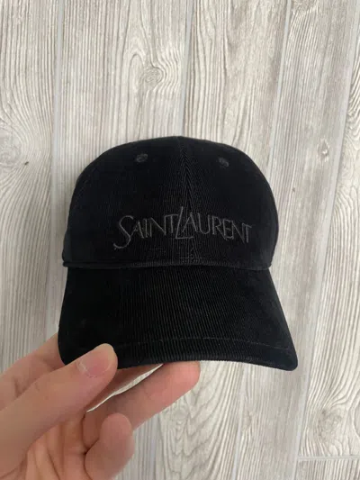 Pre-owned Saint Laurent Embroidered Corduroy Cap In Black