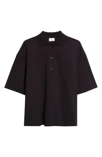Saint Laurent Embroidered Cotton Piqué Polo In Black