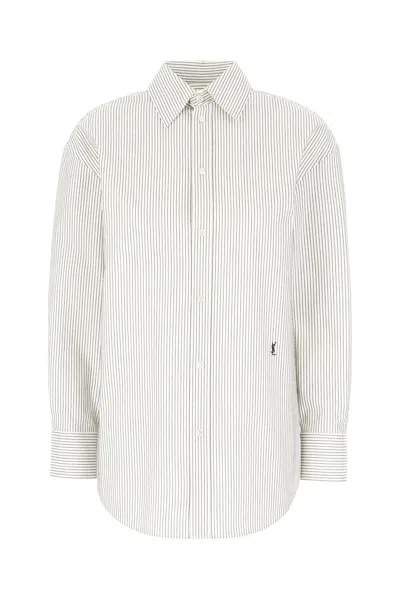 Saint Laurent Grey Shirt With Cassandre Embroidery And All-over Striped Motif In Cotton Woman In White