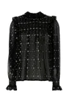Saint Laurent Embroidered Crepe Blouse With Ruffles And Smocked Yoke In Black