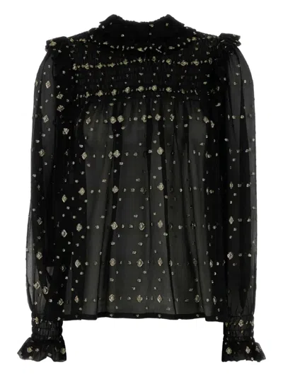 Saint Laurent Ruffled Long Sleeve Blouse In Black