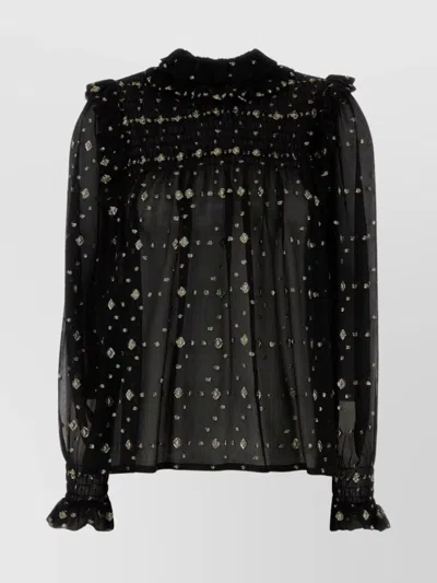 Saint Laurent Embroidered Crepe Blouse With Ruffles And Smocked Yoke In Black
