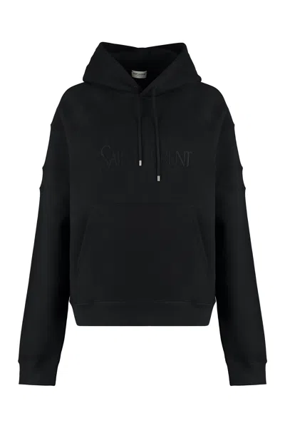 Saint Laurent Embroidered Logo Cotton Hoodie In Black