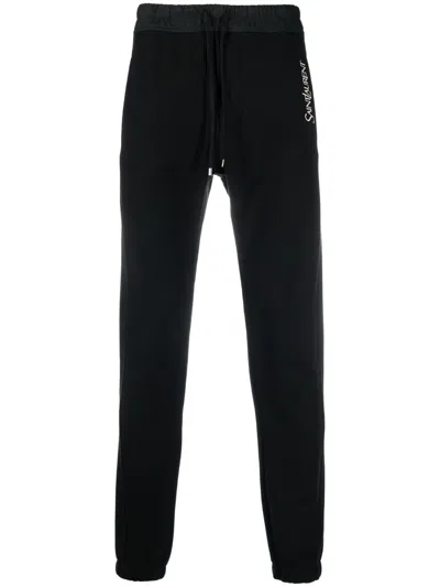 Saint Laurent Embroidered-logo Cotton Track Pants In Black