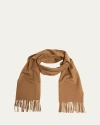 Saint Laurent Embroidered Logo Fringe Cashmere Scarf In Camel