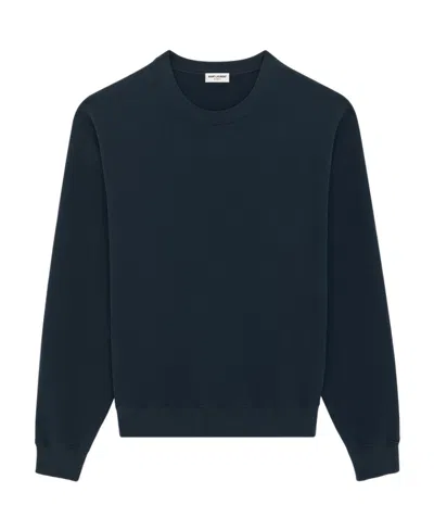 Saint Laurent Embroidered-logo Jersey-fleece Sweatshirt In Bleu Petrole