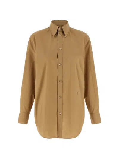 Saint Laurent Cassandre Shirt Buttoned Cuffs Curved Hem In Brown