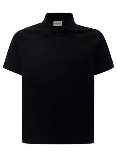 SAINT LAURENT EMBROIDERED LOGO SHORT SLEEVED POLO IN BLACK COTTON MAN