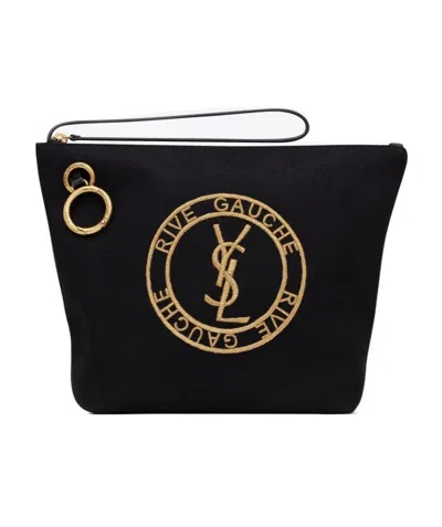 Saint Laurent Embroidered-logo Trapeze Pouch In Black