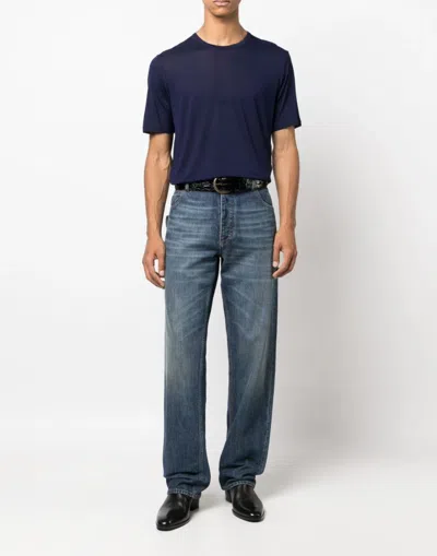 Saint Laurent Embroidered Logo T-shirt In Blue