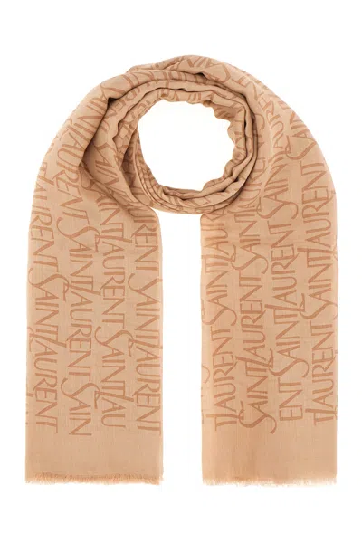 Saint Laurent Embroidered Modal Blend Scarf In Brown