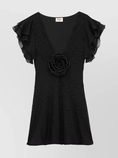 SAINT LAURENT EMBROIDERED MUSLIN DRESS V-NECKLINE