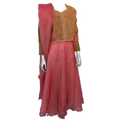 Pre-owned Saint Laurent Embroidered Pink And Gold Silk Evening 3 Pieces Gown Vest And Skirt And Shawl