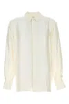 Saint Laurent Embroidered Satin Shirt With Cuffed Lightweight Long Sleeves In Craieargent
