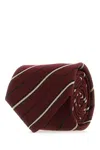 Saint Laurent Silk And Wool Striped Wide Tie In Burgundy