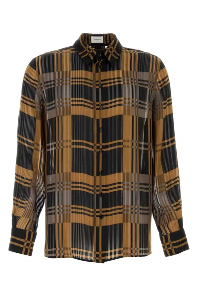 Saint Laurent Silk Shirt With Checked Pattern And Long Sleeves In Brown