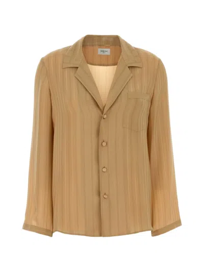 Saint Laurent Embroidered Striped Silk Shirt In Brown