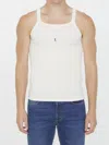 Saint Laurent White Tank Top With Cassandre Detail In Ribbed Cotton Man In Naturel Noi