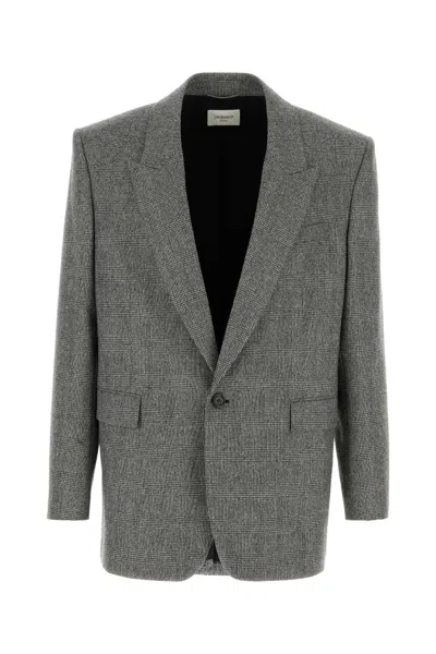 Saint Laurent Embroidered Wool Blazer In Gray