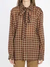 Saint Laurent Wool Shirt Jacket Bow Detail Checks In Brown