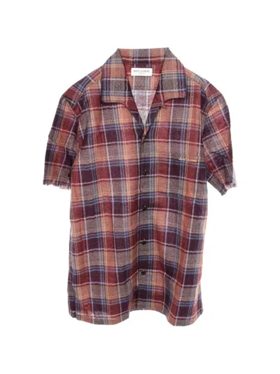 Pre-owned Saint Laurent Embroidered-logo Plaid Shirt In Red