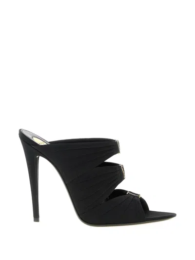 Saint Laurent Emilie Satin Sandals With Rhinestone Logo Detail In Black
