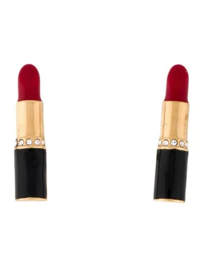 Pre-owned Saint Laurent Enamel & Crystal Eighties Lipstick Stud Earrings In Black/red