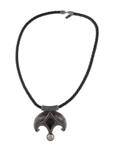 Pre-owned Saint Laurent Enamel & Leather Pendant Collar Necklace, 19" In Black