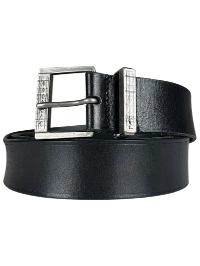 Pre-owned Saint Laurent Engraved Buckle Black Leather Belt