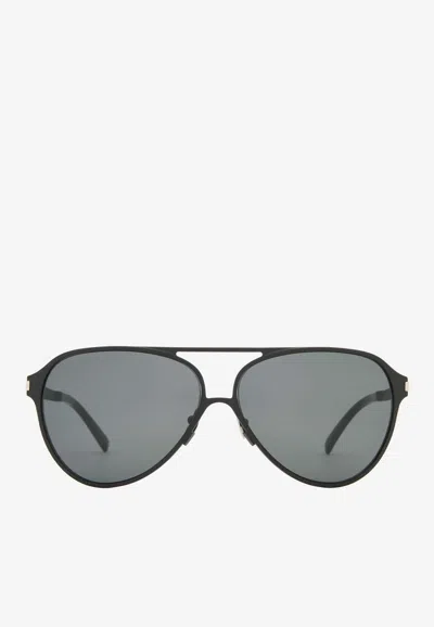 Saint Laurent Engraved Logo Aviator Sunglasses In Gray