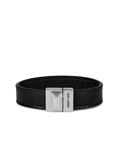 Saint Laurent Engraved Logo Leather Bracelet In Black