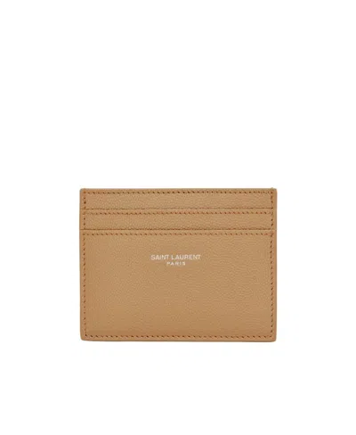 Saint Laurent Engraved-logo Leather Cardholder In Brown