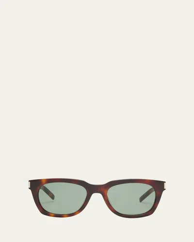 Saint Laurent Engraved Logo Rectangle Mixed-media Sunglasses In Shiny Medium Havana