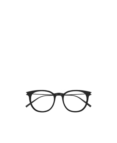 Saint Laurent Engraved-logo Round-frame Glasses In Black
