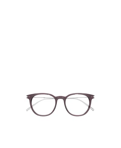 Saint Laurent Engraved-logo Round-frame Glasses In Gray