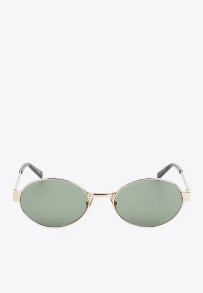 Saint Laurent Engraved Logo Round Sunglasses In Green