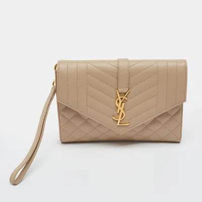 Pre-owned Saint Laurent Envelope Beige Mix Matelasse Leather Flap Pouch In Sand