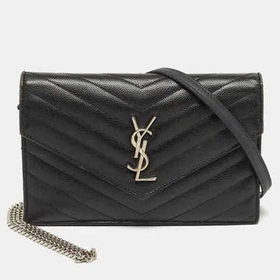 Pre-owned Saint Laurent Envelope Black Matelassé Leather Wallet On Chain