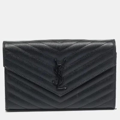 Pre-owned Saint Laurent Envelope Black Matelassé Leather Wallet On Chain