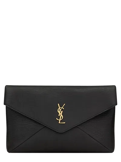 Saint Laurent Envelope Cassandre Large Lambskin Clutch Pouch In Black