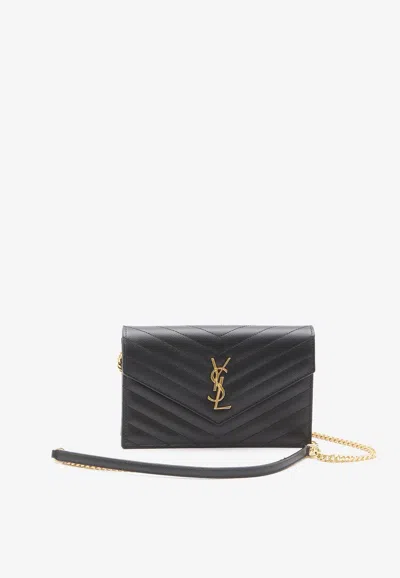 Saint Laurent Envelope Cassandre Quilted Leather Chain Clutch In Black